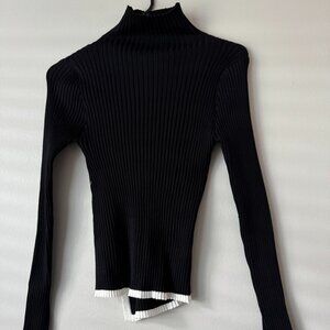 Black Ribbed Long Sleeve Sweater with High Neck & White Trim